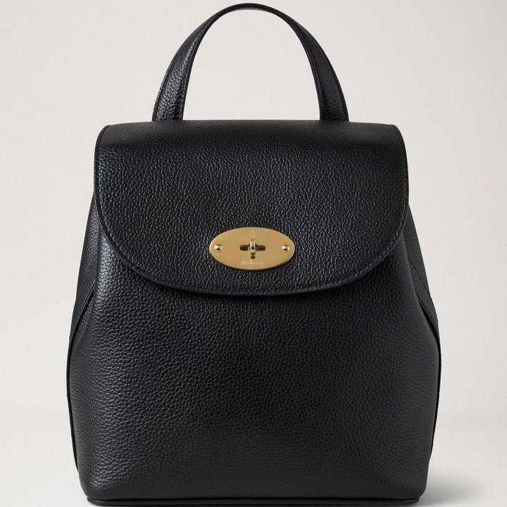 Mulberry Mini Bayswater Backpack Small Classic Grain Black, zwart leren rugzak met gouden gesp. Modelhh9829205a100