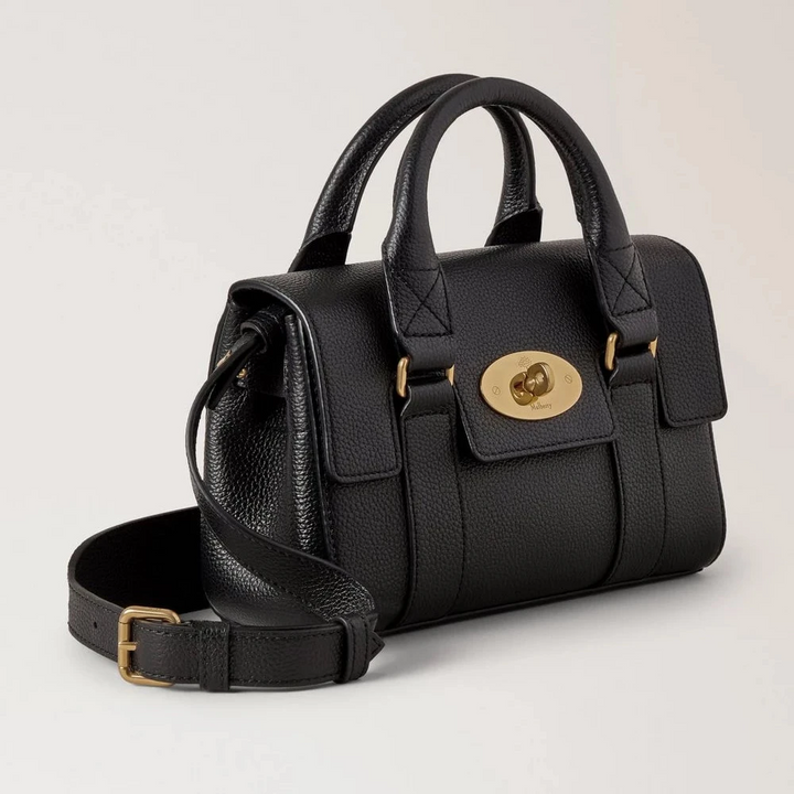 Mulberry Mini-erfgoed Bayswater Small Classic Grain Black, zwart leren tas met gouden details, model RL8928205A100