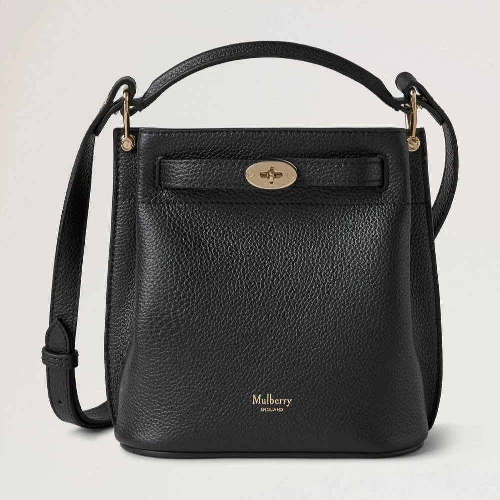 Mulberry Mini Islington Bucket Small Classic Grain Black, elegante schoudertas van zwart leer met gouden gesp. Modelrl8803205a100
