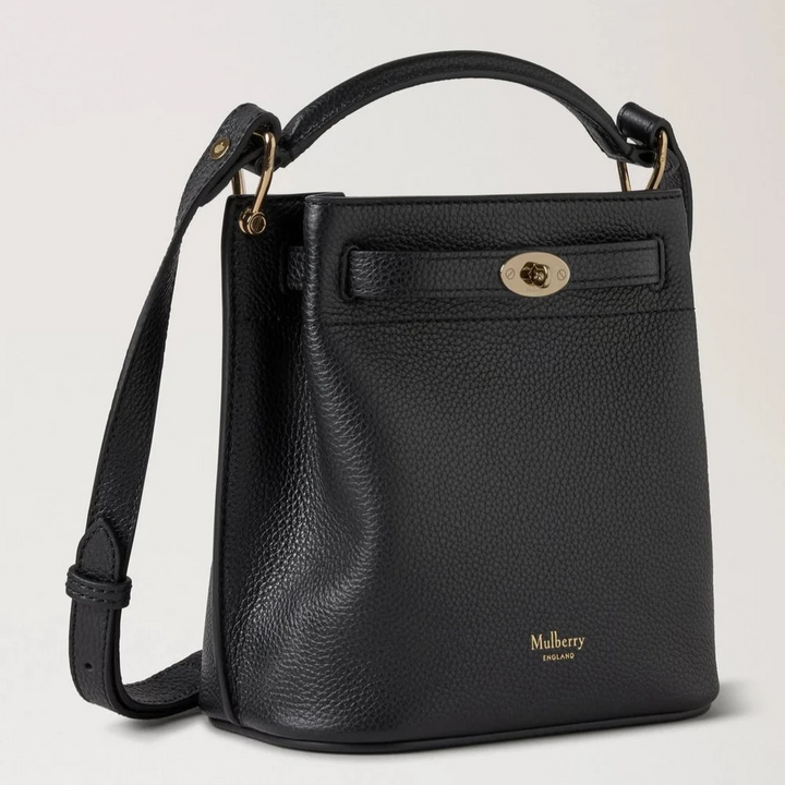 Mulberry Mini Islington Bucket Small Classic Grain Black, zwarte crossbodytas van leer met reliëf en gouden details. Modelrl8803205a100.