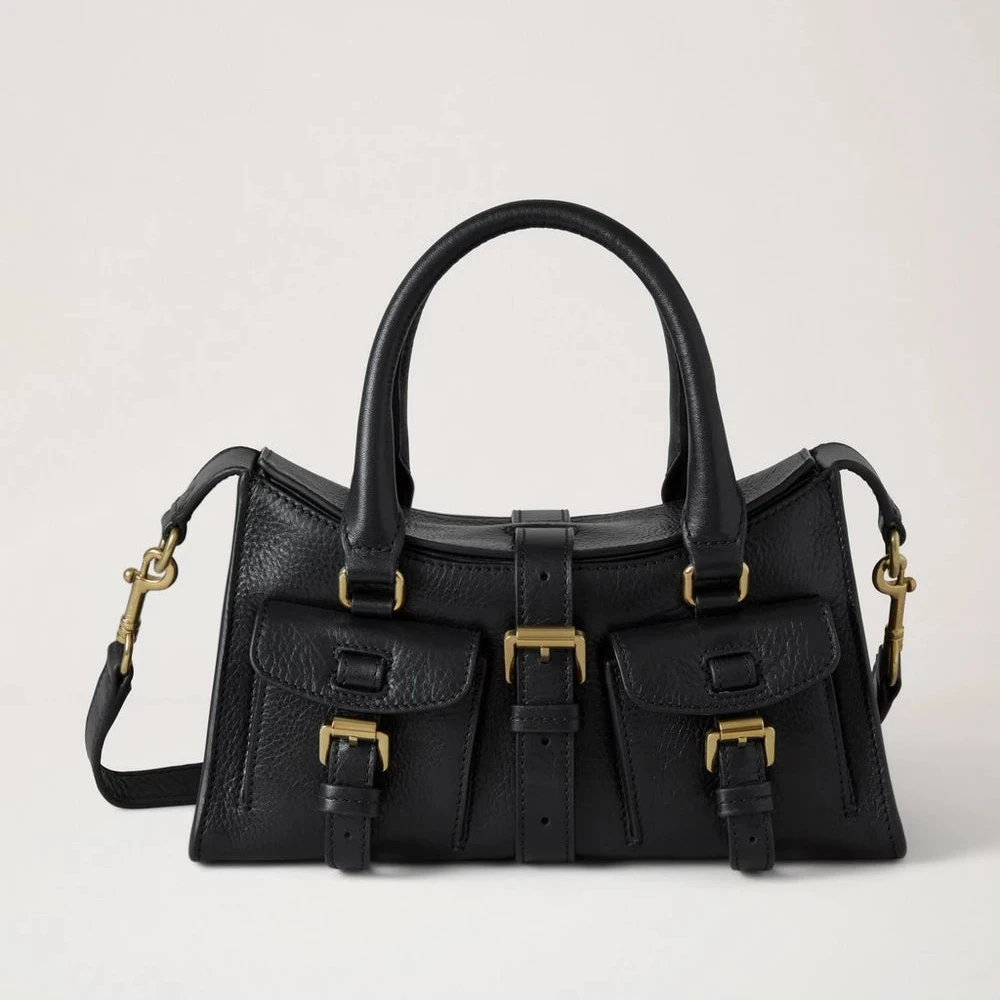 Mulberry Mini Roxanne High Shine Leather Black, stijlvolle zwarte leren tas met dubbel handvat, voorvakken en messing details. ModelHH9888213A100