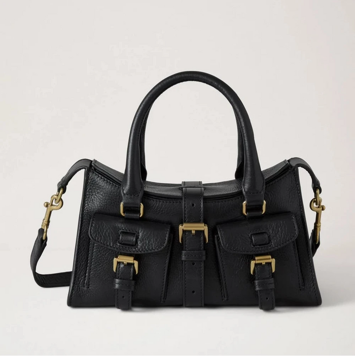 Mulberry Mini Roxanne High Shine Leather Black, stijlvolle zwarte leren tas met dubbel handvat, voorvakken en messing details. ModelHH9888213A100