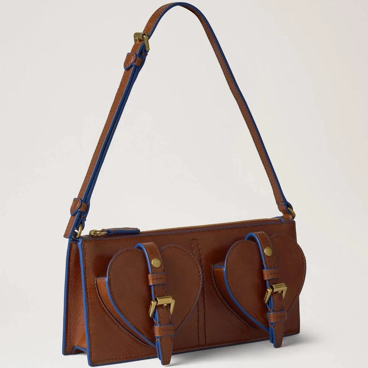 Mulberry Mini Roxanne schoudertas van glanzend bruin en blauw leer met twee hartvormige vakken. ModelRL9002562G231