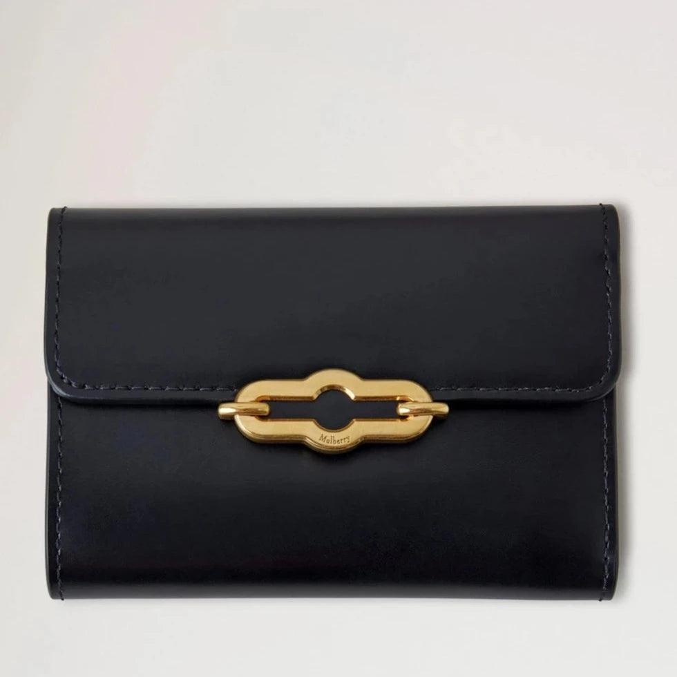 Mulberry Pimlico Compact Wallet, zwart super lux kalfsleer met gouden gesp, model RL8071603A100.