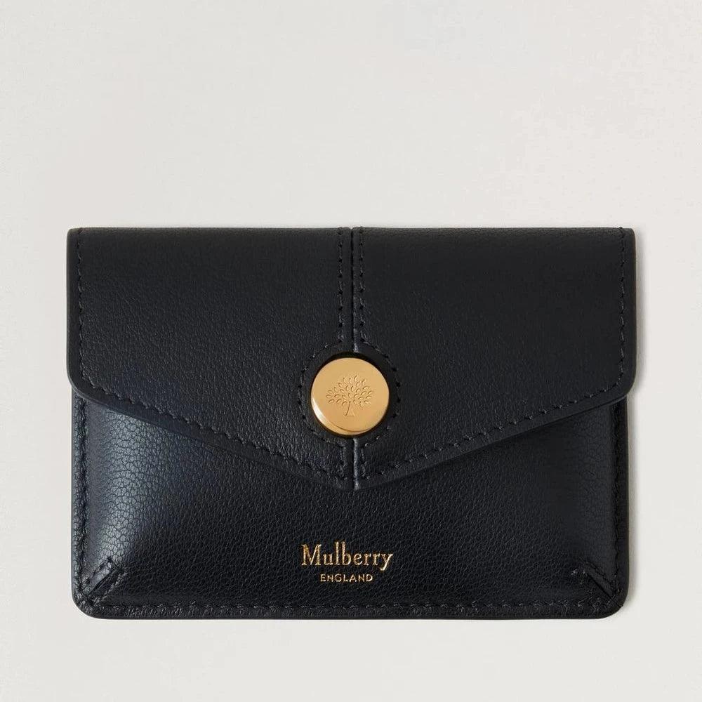 Mulberry Muntzakje met drukknoop Black Micro Classic Grain in zwart leer met goudkleurige knoop, vooraanzicht. ModelRL8709587A100
