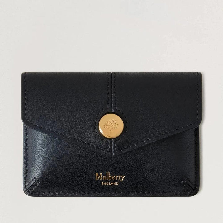 Mulberry Muntzakje met drukknoop Black Micro Classic Grain in zwart leer met goudkleurige knoop, vooraanzicht. ModelRL8709587A100
