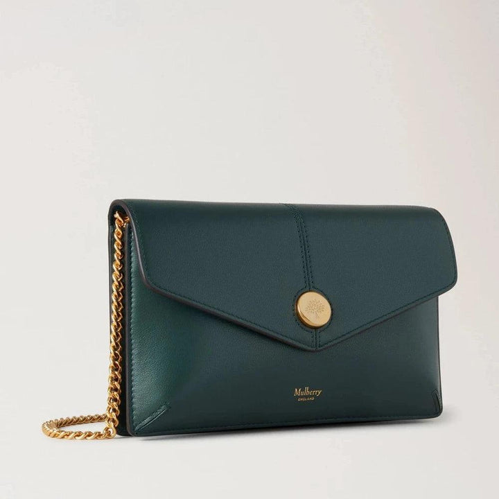 Mulberry Drukknoopzak aan ketting Mulberry Green Micro Classic Grain in donkergroen leer met gouden kettingriem, model RL8708587Q633