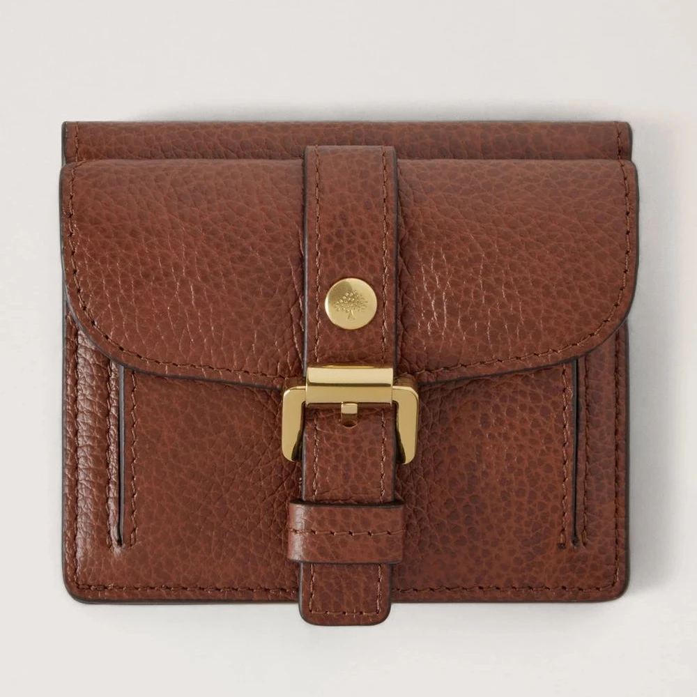 Mulberry Roxanne Wallet Two Tone Oak Small Classic Grain, bruin lederen portemonnee met gesp, model RL8982552G110