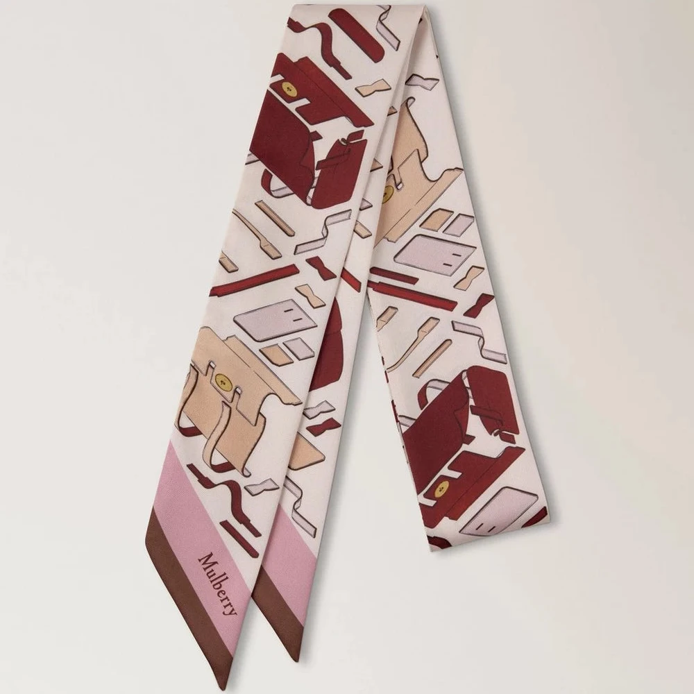 Mulberry Magere sjaal Bayswater Workshop Blossom Pink, zijden sjaal in roze met tasmotief, model VS4868146J002