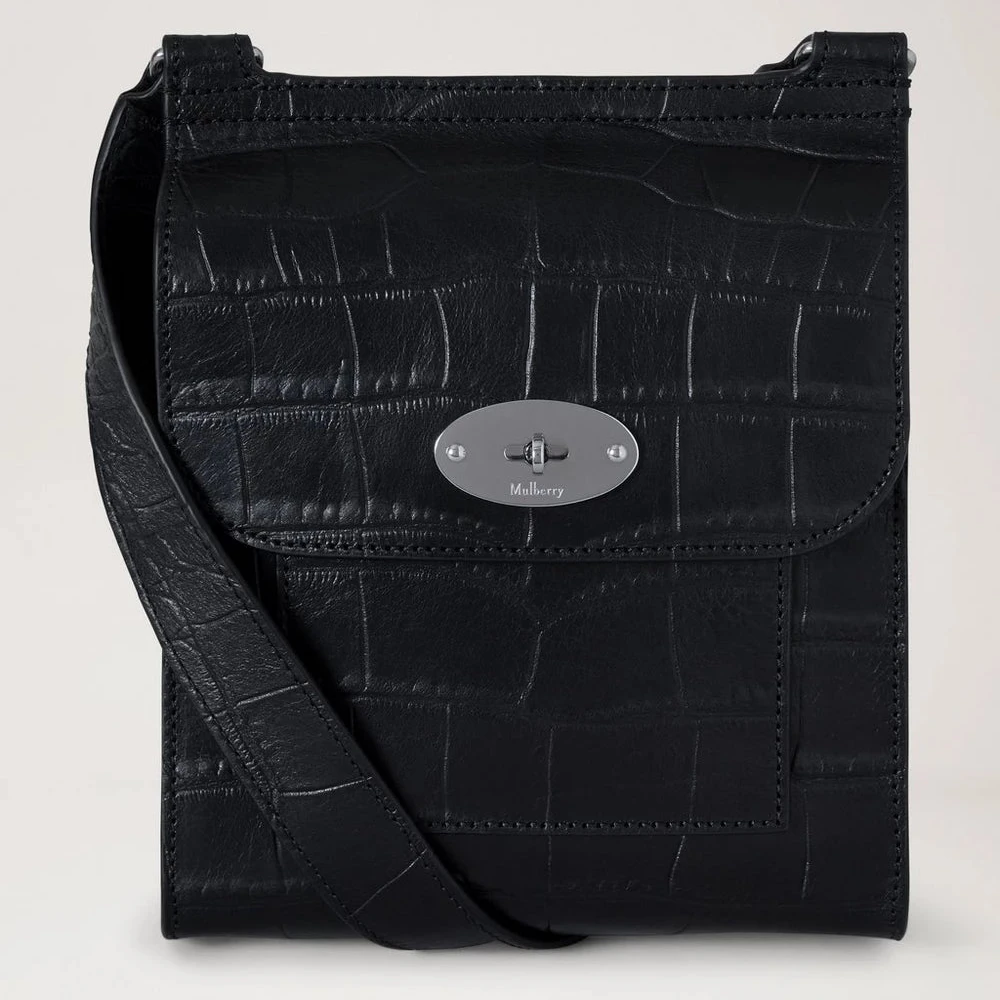 Mulberry Klein Antony NVT Krokodil van zwart leer met croco-reliëf en zilveren details, model HH9922741A100.