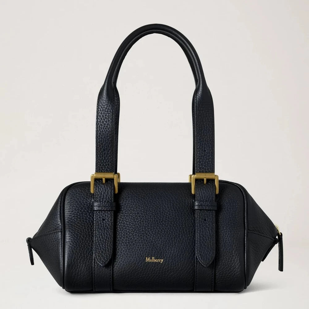 Mulberry Kleine Boston Black Heavy Grain, zwarte zwaar lederen handtas met twee riemen, model HH0020736A100