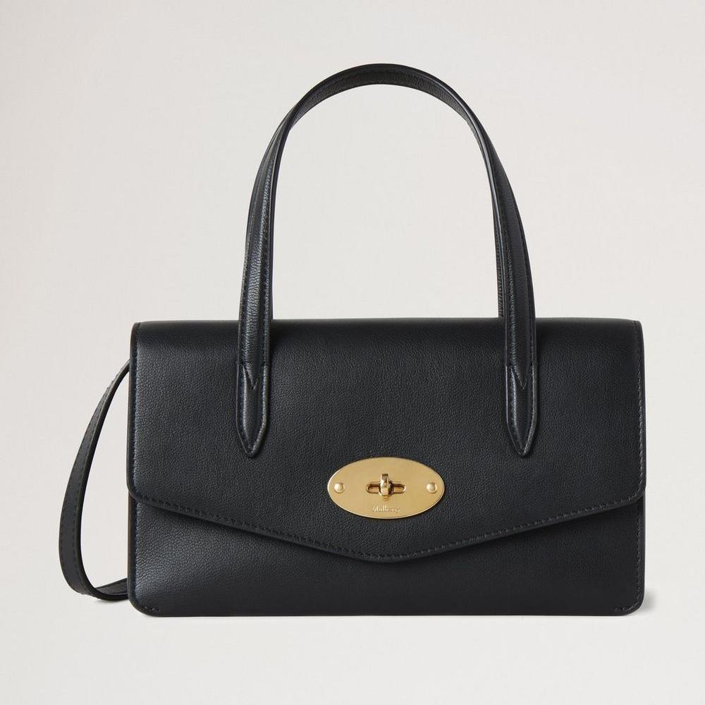 Mulberry Klein Darley Top Handle Black Micro Classic Grain, elegante zwart leren tas met gouden gesp. ModelRL8678587A100