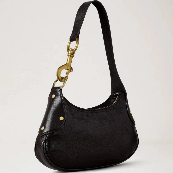 Mulberry Small Hackney Schoudertas, elegante schoudertas in donkerbruin, glanzend leer met messing details. ModelRL8929726A110
