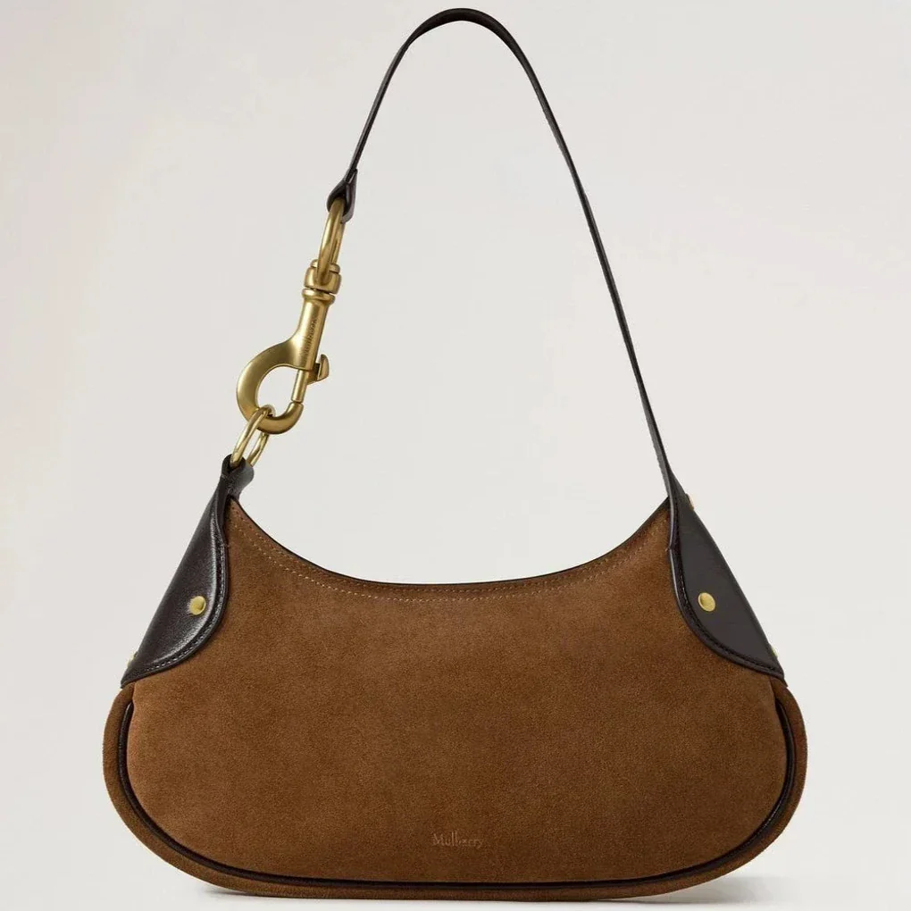 Mulberry Kleine Hackney-schoudertas van vintage eiken suède met donkerbruine leren details, model RL8925047G924.