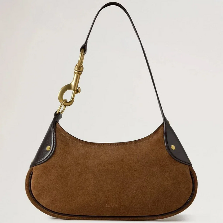 Mulberry Kleine Hackney-schoudertas van vintage eiken suède met donkerbruine leren details, model RL8925047G924.