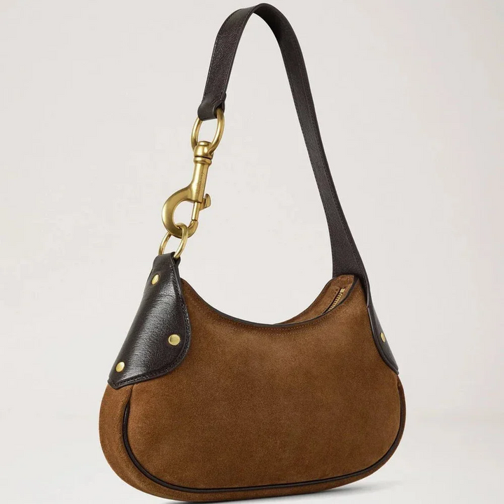 Mulberry Kleine Hackney Schoudertas vintage eiken suède met donkerleren details en gouden gesp. ModelRL8925047G924