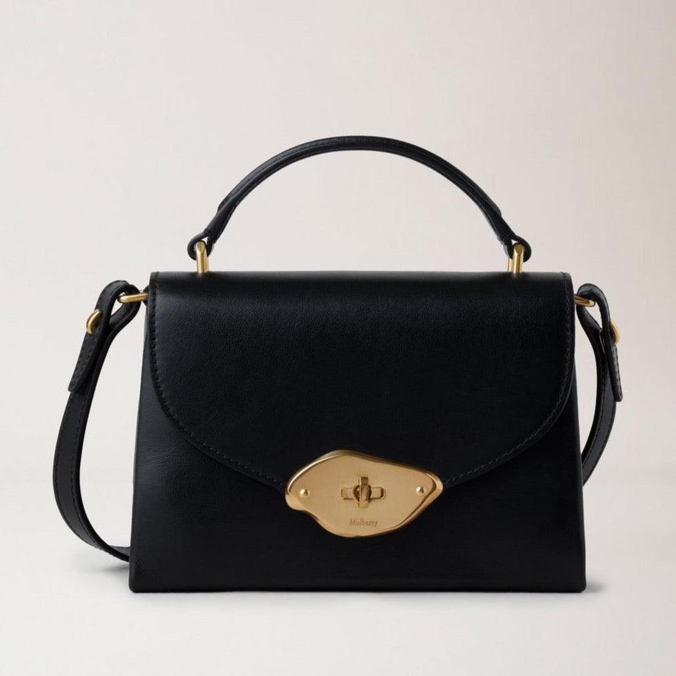 Mulberry Kleine Lana Top Handle zwarte hoogglans lederen tas met goudkleurige gesp, model hh9268615a100.
