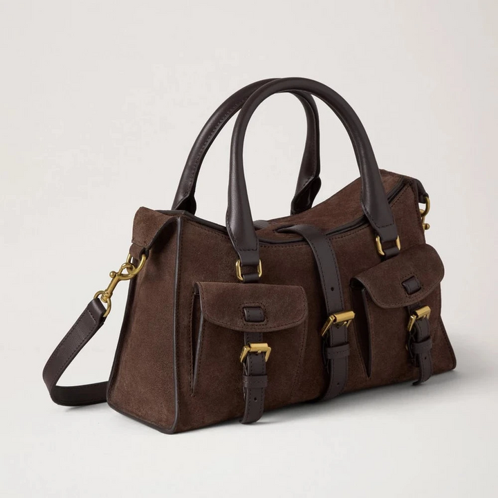 Mulberry Kleine Roxanne Chocolate Suede, bruine schoudertas van suède met zakken en details. ModelHH9979 047F614.