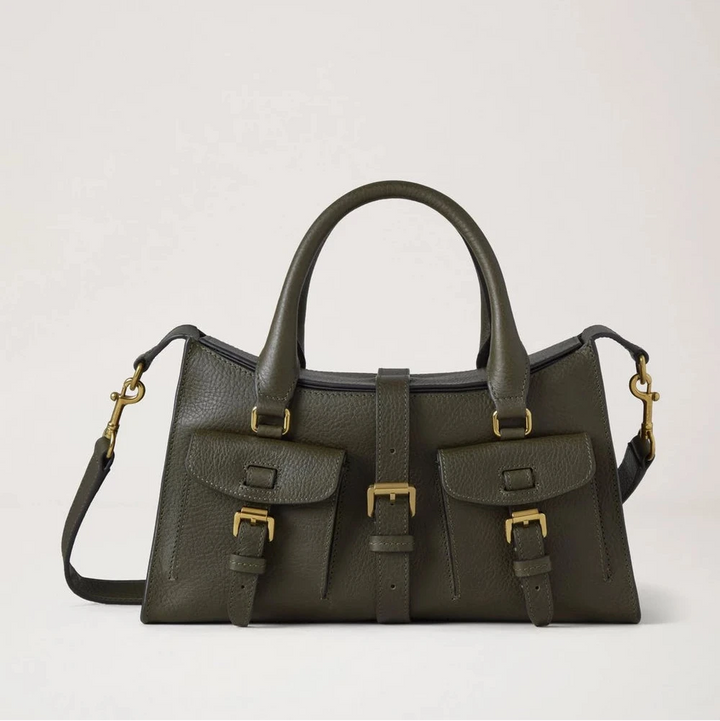 Mulberry Klein Roxanne-erfgoed NVT Juniper Green tas in olijfgroen leer met zakken en gouden details. Modelhh9978730q749