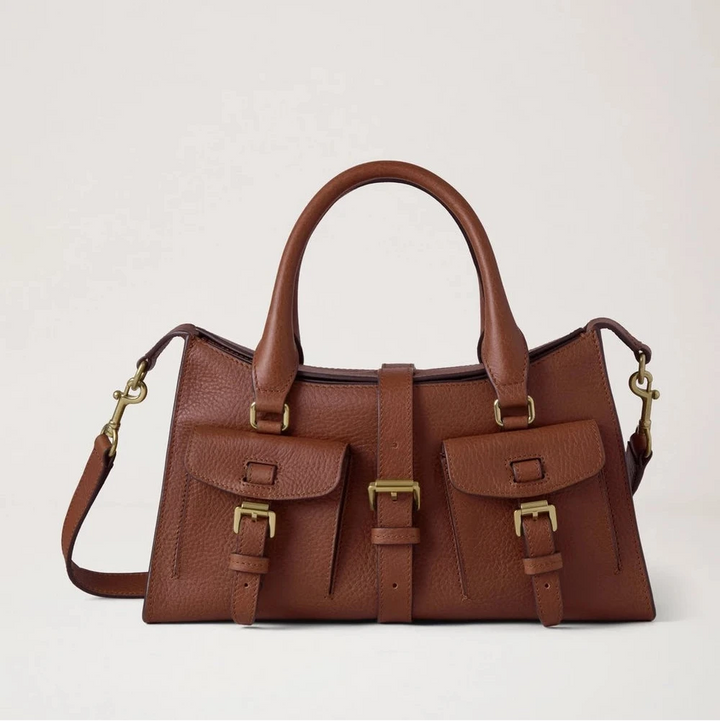 Mulberry Klein Roxanne-erfgoed NVT Eiken, bruin leren tas met twee voorvakken en gespen. ModelHH9978730G110.