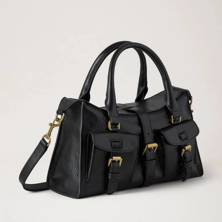 Mulberry Kleine Roxanne High Shine Leather Black handtas van zwart leer met gouden gespen, model HH9977213A100.