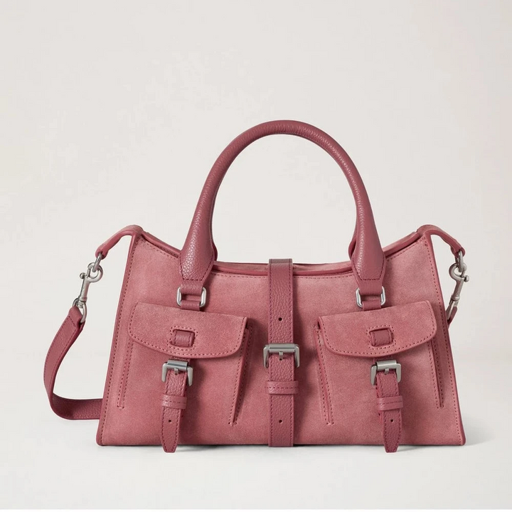 Mulberry Kleine Roxanne Pink Scrumpy Suède handtas met twee voorvakken en riem. ModelHH9979047J647.