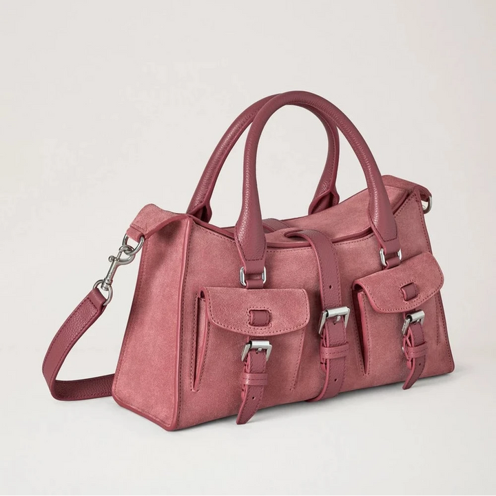 Mulberry Kleine Roxanne Pink Scrumpy Suède handtas met dubbel handvat, zakken en riem. Modelhh9979047j647