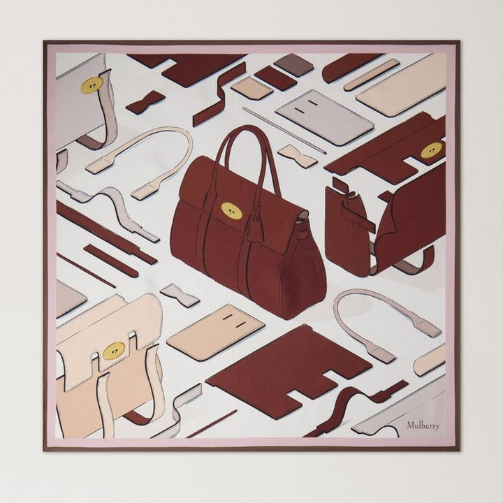 Mulberry Vierkante sjaal Bayswater Workshop Blossom Roze Zijden Twill Show Sjaal met Roze en Bruine Tas Grafisch. ModelVS4864143J002