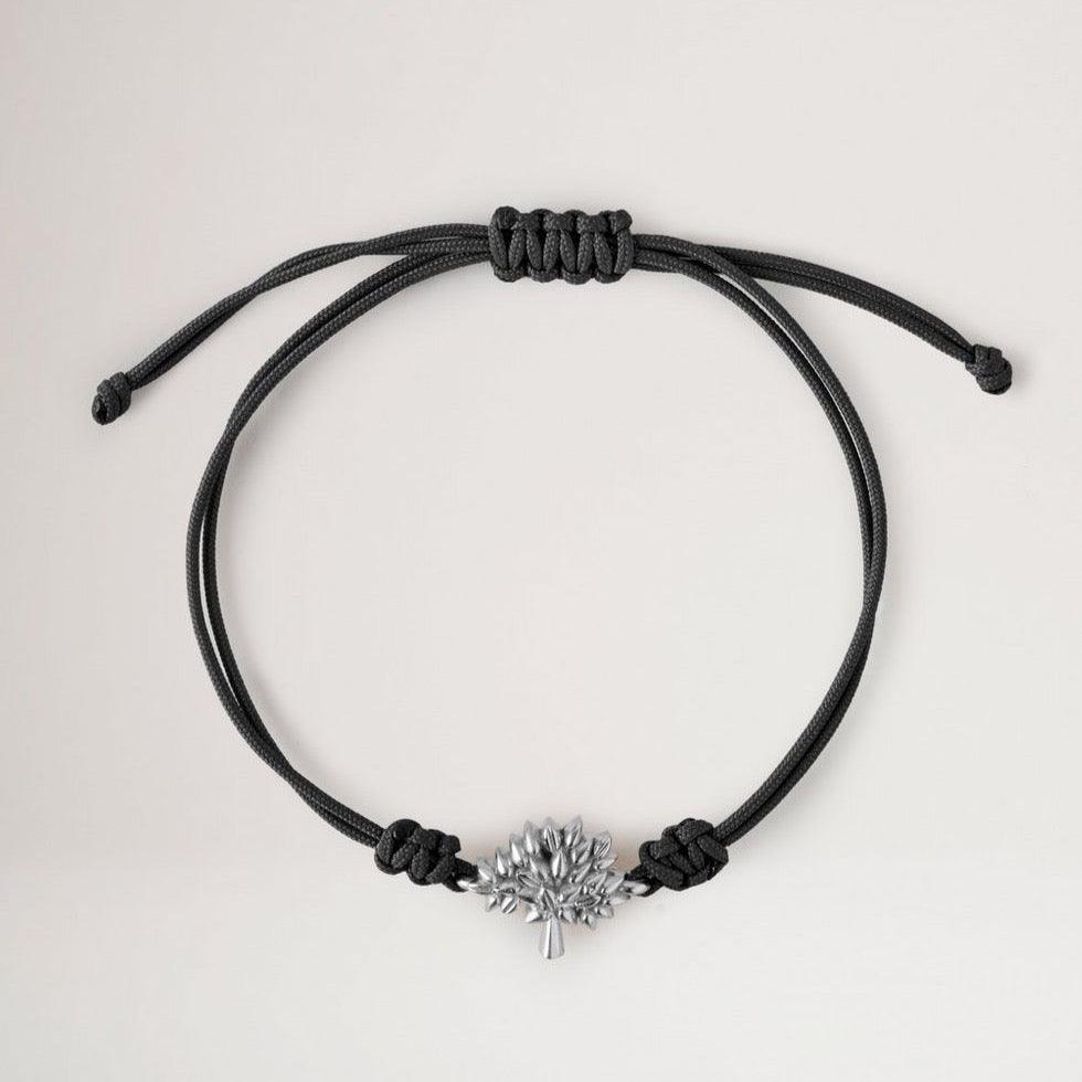 Mulberry Boomkoordarmband Zwart Sterling en Zilver, zwarte koordarmband met zilveren boomdetail, Model qb2392000a100