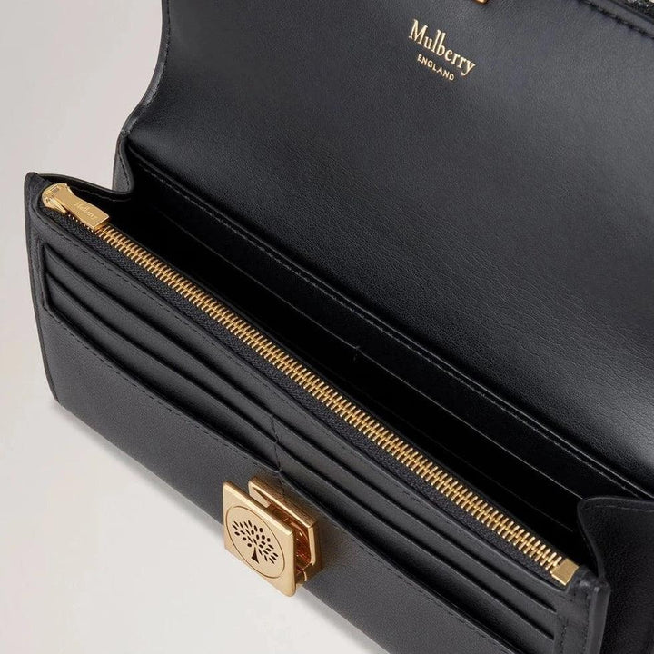 Mulberry Tree Long Wallet Zwart met open design, zichtbare ritssluiting en gouden gesp, Model RL7971587A100
