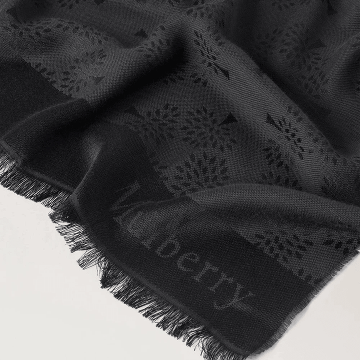 Mulberry Boom Rechthoekige Sjaal Zwart Katoen Zijdemix met ingeweven patroon en franje, Model VS4638708A100