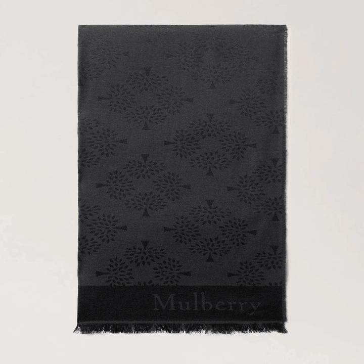 Mulberry Tree Rechthoekige sjaal zwarte katoen-zijdemix met ingeweven logo en boompatroon, Model VS4638708A100