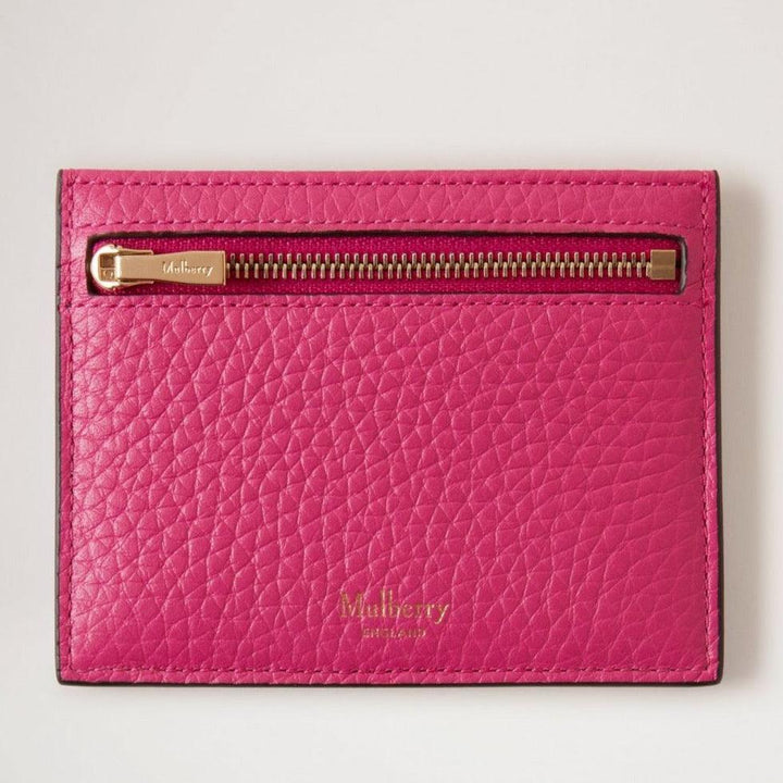 Mulberry Creditcardslip met rits in roze leer met gouden rits, vooraanzicht. ModelRL6765736J191