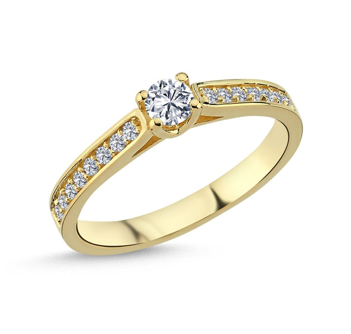 Nuran Bella-ring in 14kt goud met 0,33 ct, gedetailleerd model met centrale diamant en kleine diamanten op de rail. ModelL1965-033RG-001