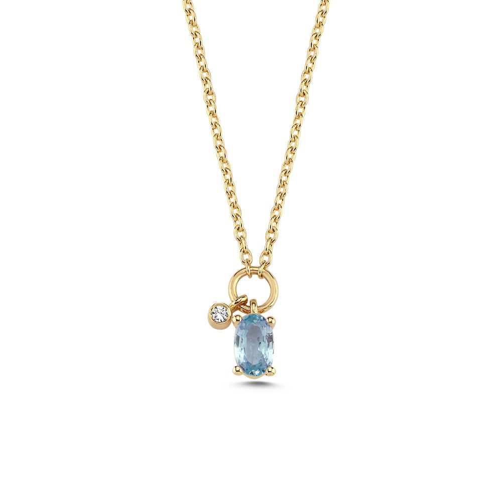 nuran-gaia-14kt-ketting-bla-saffier-en-0-01ct-w-si-v2570sa-001rg. Elegante ketting in geel goud met blauwe saffier en kleine heldere steen. Modelv2570sa-001rg