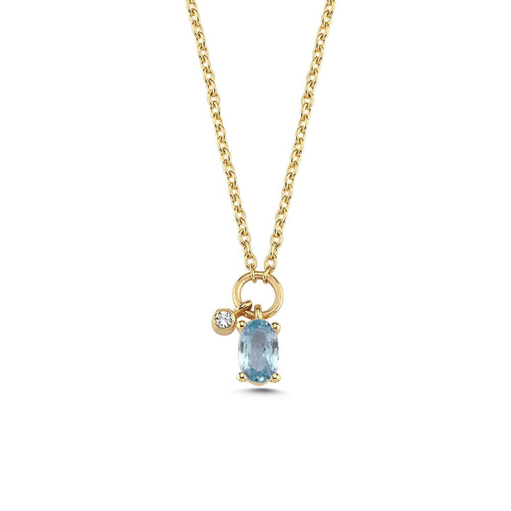 nuran-gaia-14kt-ketting-bla-saffier-en-0-01ct-w-si-v2570sa-001rg. Elegante ketting in geel goud met blauwe saffier en kleine heldere steen. Modelv2570sa-001rg