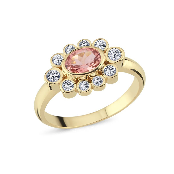 Nuran Royal 14kt ring met toermalijn en briljanten, elegante gouden ring met roze stenen en heldere diamanten. ModelR2523TU-056RG-001