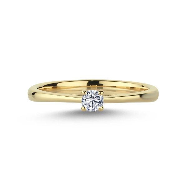 Nuran The One Ring 14k goud met 0,13 ct W/SI diamant wordt weergegeven als een elegante gouden ring met een enkele diamant. ModelL1961-013RG-001