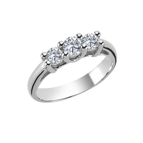 Nuran Tria 14kt witgouden ring 0,16ct WSI toont een elegante ring met drie heldere diamanten. Modell1968-016HG-001