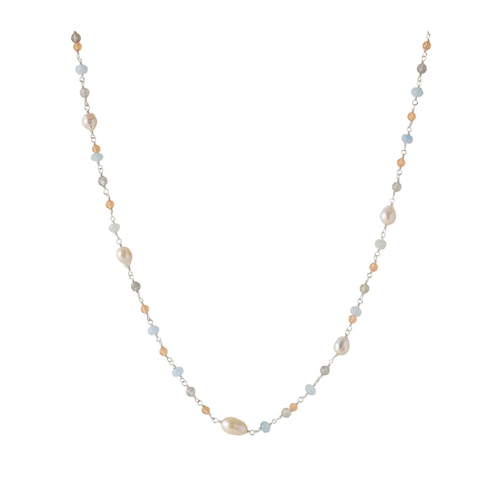 Pernille Corydon Mellow Blue Necklace Silver toont een elegante ketting met blauwe, roze en witte stenen, model N-375-s-1.