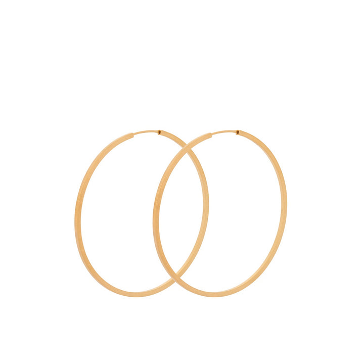 Pernille Corydon Orbit Store Hoops verguld toont een paar grote, slanke hoops in goud op een witte achtergrond. Model E-053-GP