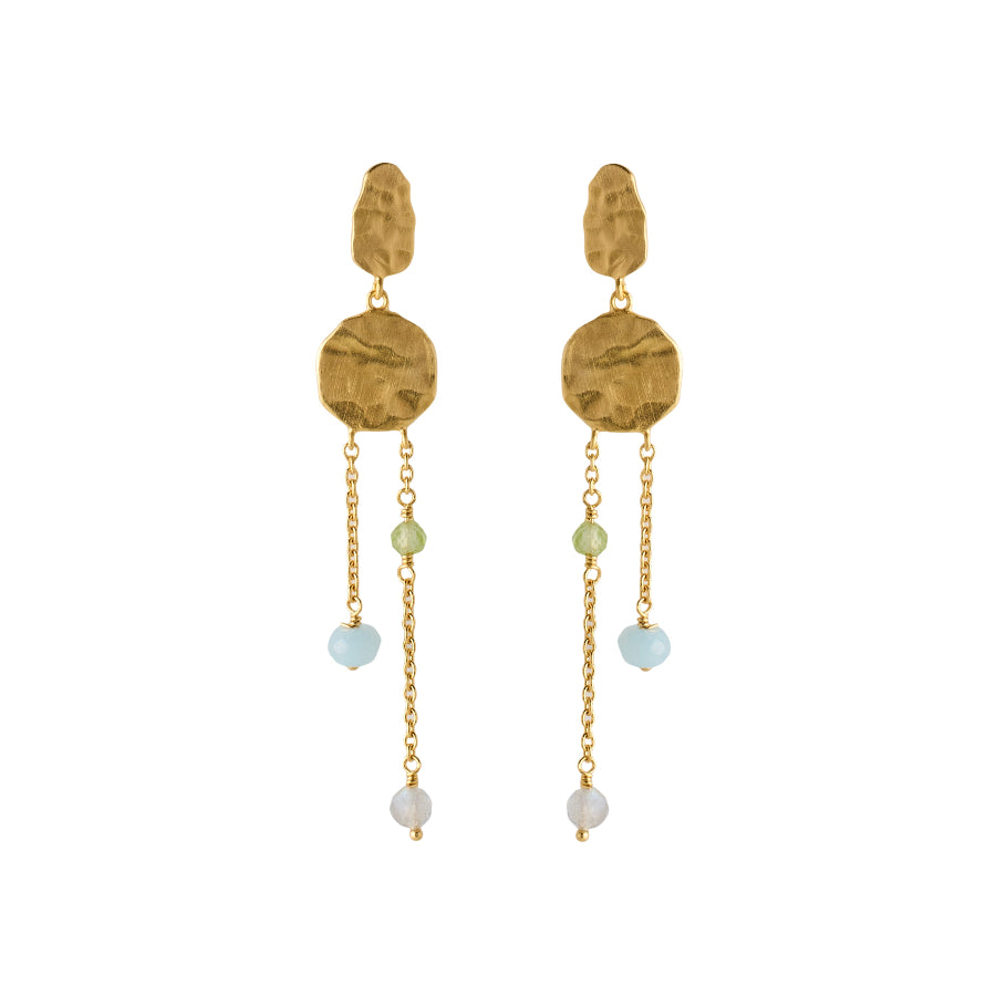 Pernille Corydon Summer Breeze oorbellen, verguld met gehamerd oppervlak en gekleurde parels. Model E-182-GP