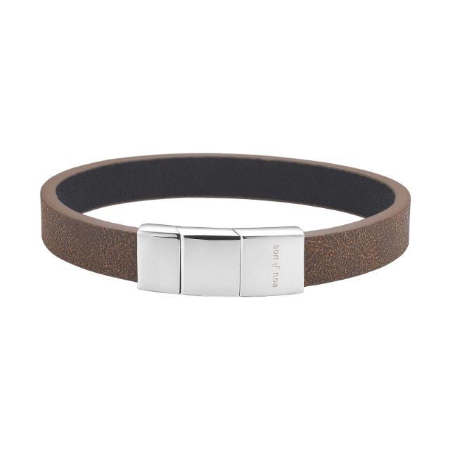 Son of Noa herenarmband met bruin leren band en gepolijste stalen sluiting vanaf voorkant gezien, model 808905292-001-1.