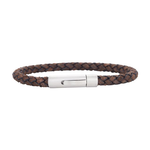 Son of Noa herenarmband van gevlochten bruin leer met zilverkleurige sluiting, Model 80970089221-001-1