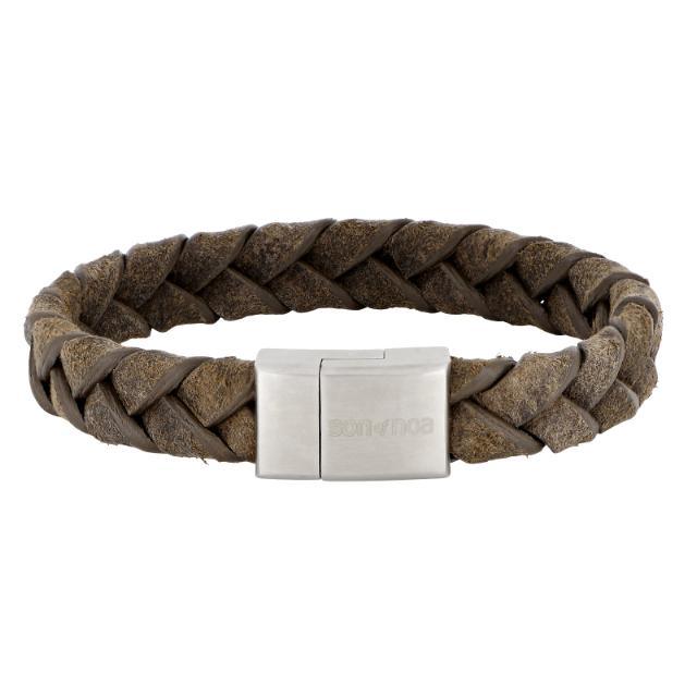 Son of Noa herenarmband met gevlochten donkerbruin leer en mat stalen gesp. Modelnummer 80970239321-001.