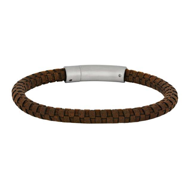 Son of Noa herenarmband in bruin gevlochten leer met mat stalen sluiting, eenvoudig en stijlvol. Model 80970289221-001.