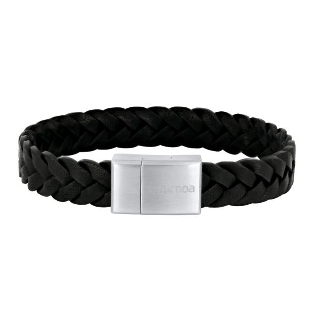 Son of Noa herenarmband in zwart leer met gevlochten design en mat stalen sluiting, model 809702691-001