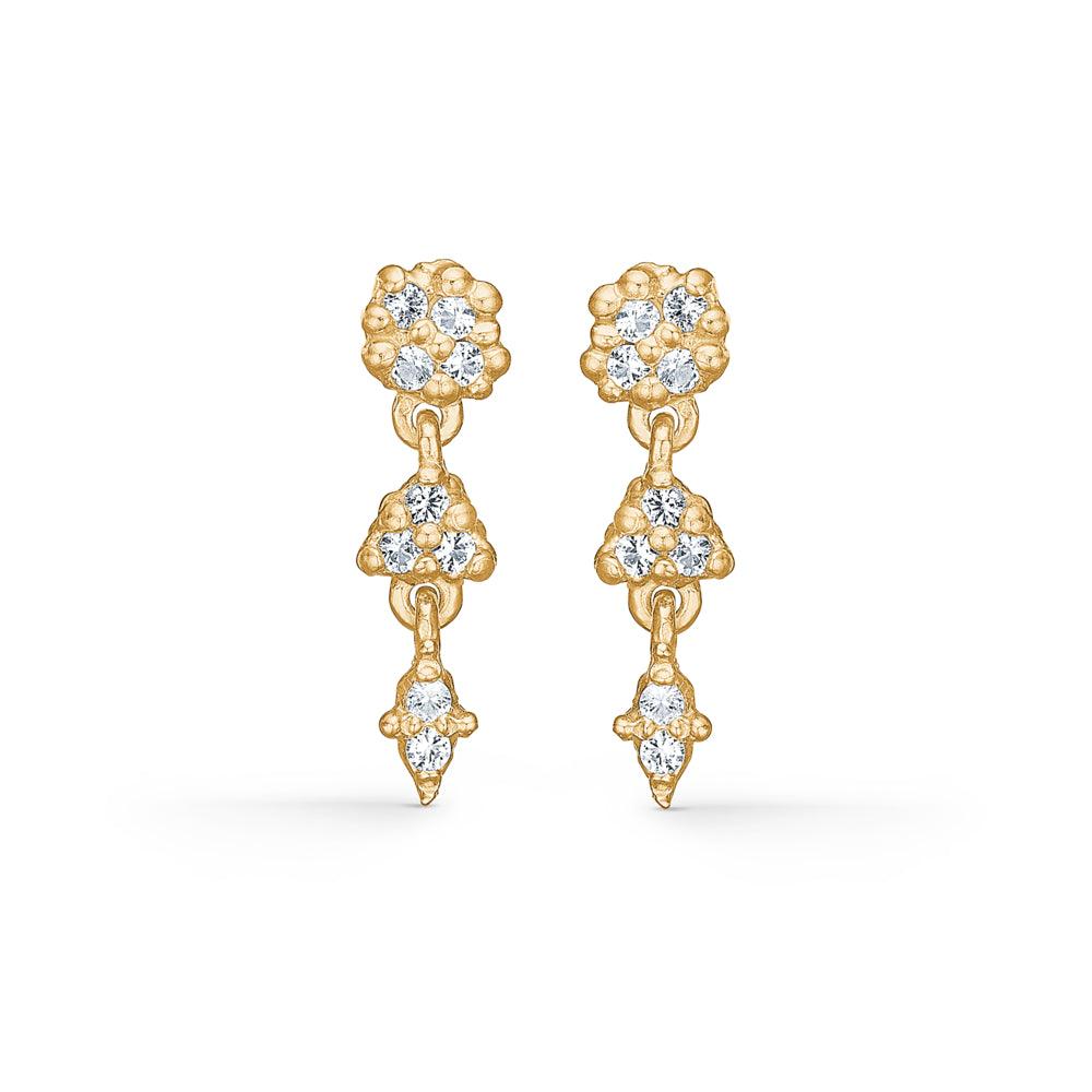 Studio Z Cluster Oorbellen met Zirkonia toont gouden schakeloorbellen met heldere zirkonia steentjes. Model 7217844-1