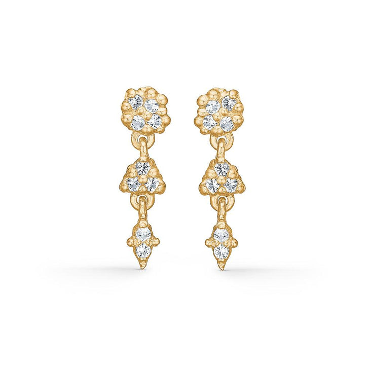 Studio Z Cluster Oorbellen met Zirkonia toont gouden schakeloorbellen met heldere zirkonia steentjes. Model 7217844-1