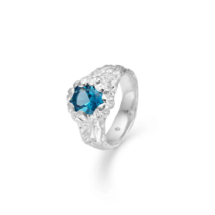Studio Z Forest Ring toont een zilverkleurige ring met blauwe gefacetteerde stenen en organische structuur. Model 7147848-001.